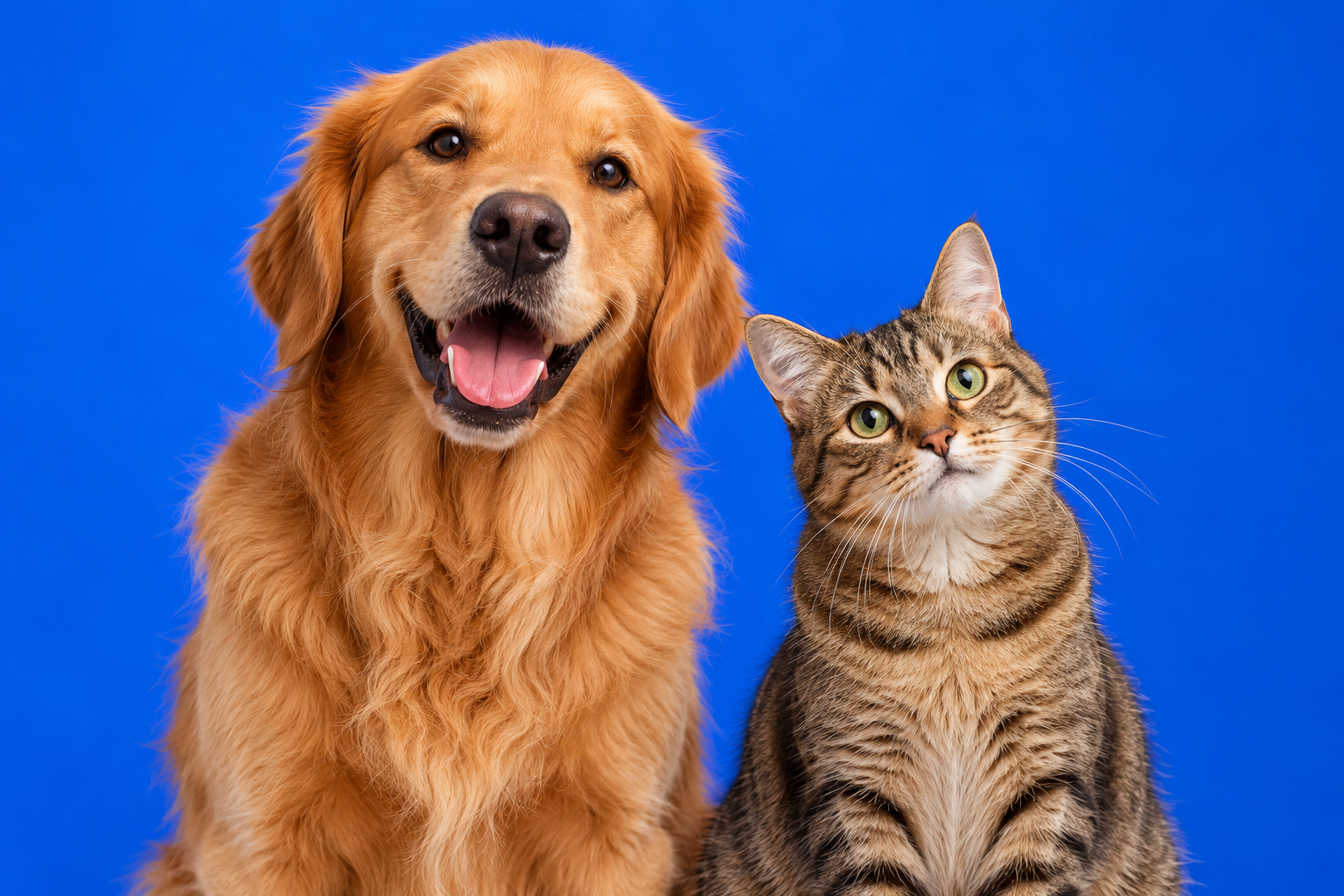 Un golden retriever y un gato atigrado juntos sobre un fondo azul